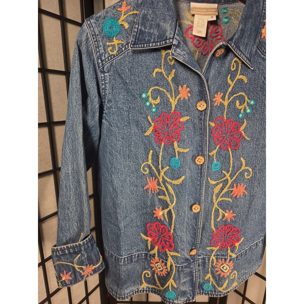 COLDWATER CREEK womens denim jean floral chenille JACKET coat blazer S - Picture 2 of 5